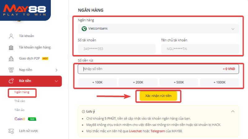 Hướng dẫn các bước rút thưởng qua tài khoản ngân hàng